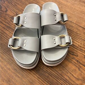 J Slides Gray Sandals with Gold Buckles
